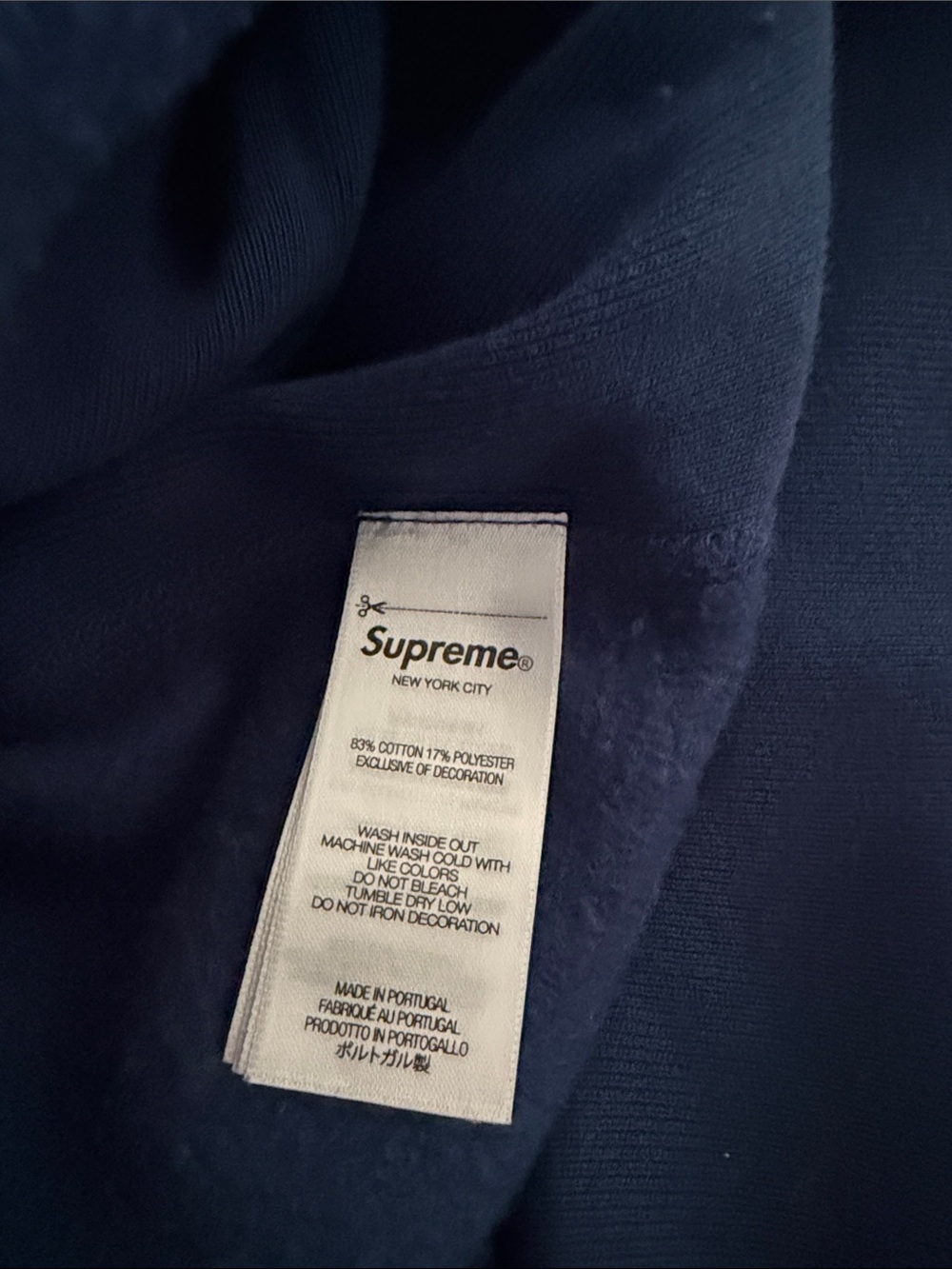 Supreme Navy Hoodie with Orange Sleeve Logos - Picture 5 of 7